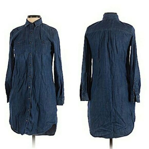 Banana Republic Chambray Button Down Long Sleeve Mini Shirt Dress Dark Wash Sz 0 - Picture 1 of 13